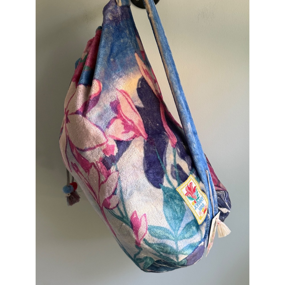 Johnny Was Floral Velvet Drawstring Bag Blue Pink Plush Tassel NWT Boho Tote - Picture 3 of 3